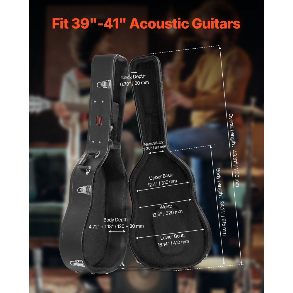 VEVOR Acoustic Guitar Hard Case, 43.31 in Gourd-Shaped Guitar Hard Case, With Lock Latch Key Handle, PVC Padding Soft Lining Water-Resistant Hard Shell Guitar Case, for 39-41 in Acoustic Guitar, Black