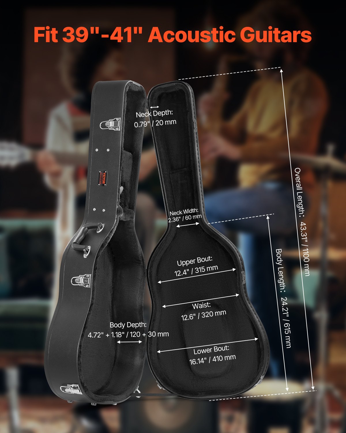 VEVOR Acoustic Guitar Hard Case, 43.31 in Gourd-Shaped Guitar Hard Case, With Lock Latch Key Handle, PVC Padding Soft Lining Water-Resistant Hard Shell Guitar Case, for 39-41 in Acoustic Guitar, Black
