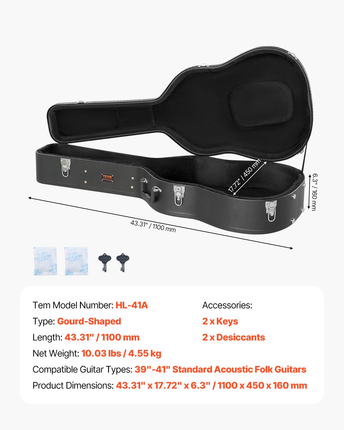 VEVOR Acoustic Guitar Hard Case, 43.31 in Gourd-Shaped Guitar Hard Case, With Lock Latch Key Handle, PVC Padding Soft Lining Water-Resistant Hard Shell Guitar Case, for 39-41 in Acoustic Guitar, Black
