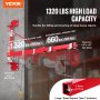 VEVOR electric hoist arm with 1320 lbs load capacity, dimensions shown, and detailed tube specs.