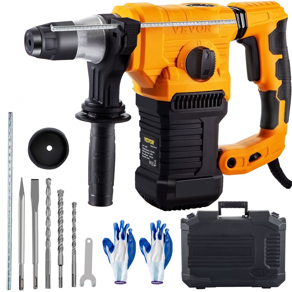 VEVOR Rotary Hammer, 1\" SDS - Plus Hammer Drill with 4 Functions & 360 Degree Rotating Handle, 9.5A 1050W Variable Speed 0-850RPM Corded Hammering Machine, Includes Chisels, Drill Bits and Case