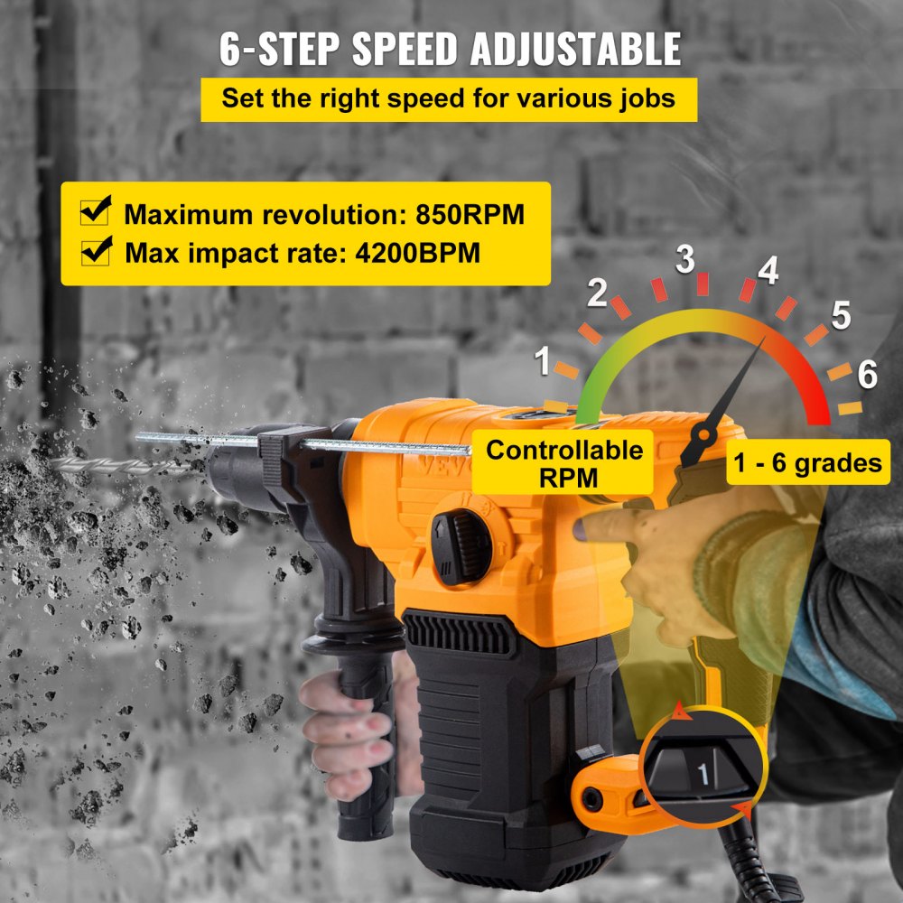 Martillo perforador VEVOR, SDS de 1" - Plus Taladro percutor con 4 funciones y mango giratorio de 360 ​​grados, 9.5A 1050W Velocidad variable 0-850RPM Martilladora con cable, incluye cinceles, brocas y estuche