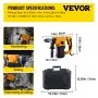 Martillo perforador VEVOR, SDS de 1" - Plus Taladro percutor con 4 funciones y mango giratorio de 360 ​​grados, 9.5A 1050W Velocidad variable 0-850RPM Martilladora con cable, incluye cinceles, brocas y estuche