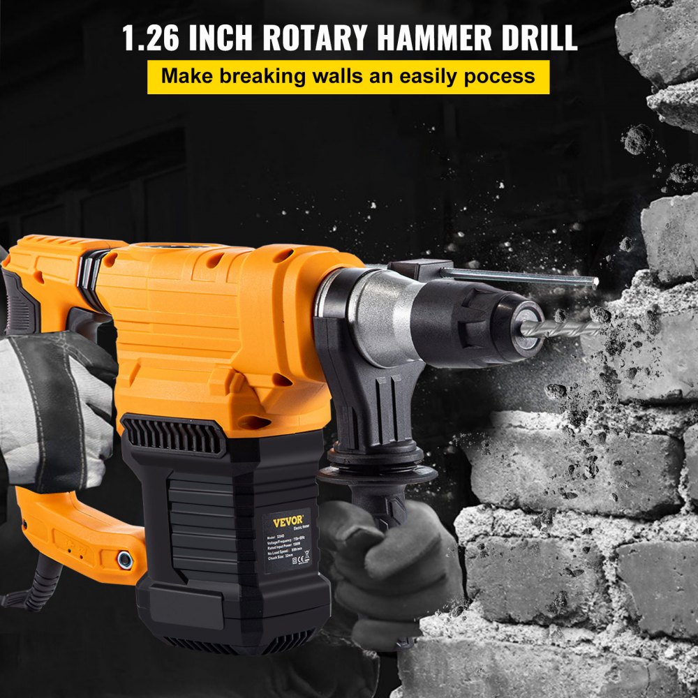 Rotomartillo VEVOR, SDS de 1,26" - Más taladro percutor con 4 funciones y mango ajustable, 1500 W Velocidad máxima 850 RPM Martillo con cable, incluye cinceles, brocas y estuche para hormigón, metal