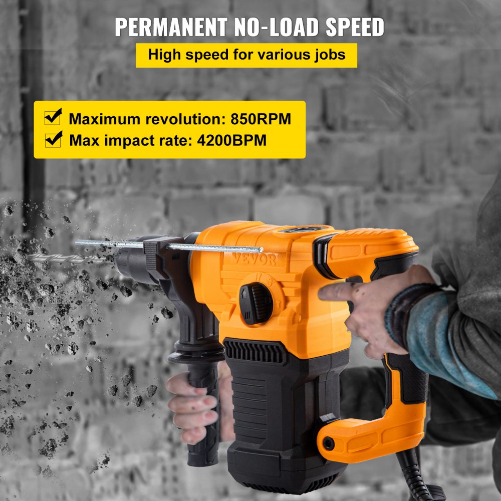 Rotomartillo VEVOR, SDS de 1,26" - Más taladro percutor con 4 funciones y mango ajustable, 1500 W Velocidad máxima 850 RPM Martillo con cable, incluye cinceles, brocas y estuche para hormigón, metal