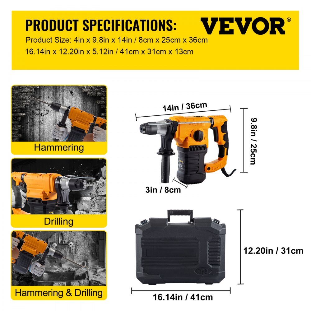 Rotomartillo VEVOR, SDS de 1,26" - Más taladro percutor con 4 funciones y mango ajustable, 1500 W Velocidad máxima 850 RPM Martillo con cable, incluye cinceles, brocas y estuche para hormigón, metal