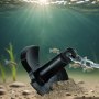 underwater view of VEVOR river anchor buried in sandy seabed, surrounded by fish and aquatic plants.