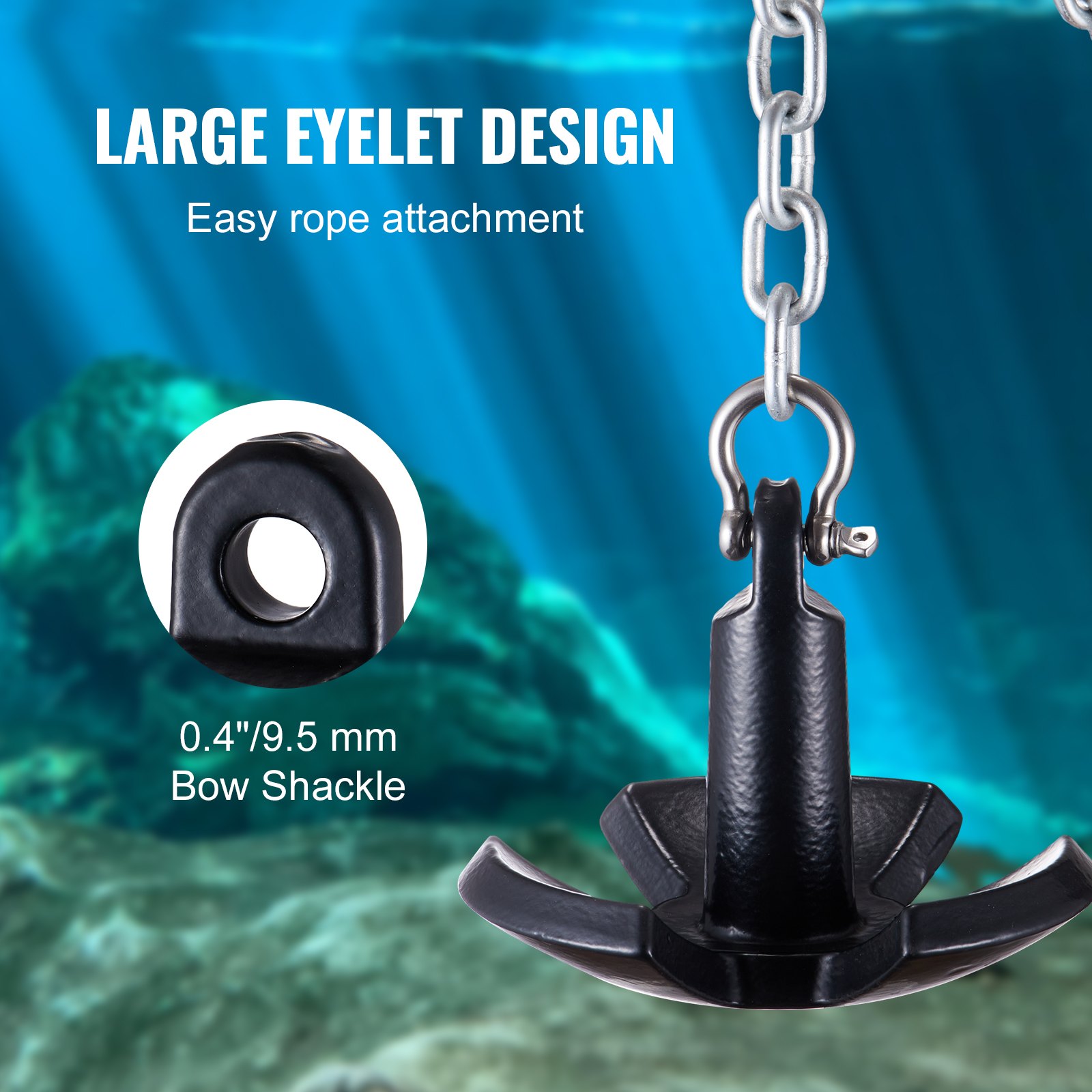 VEVOR river anchor with large eyelet design, easy rope attachment, and 0.4&quot;/9.5mm bow shackle.