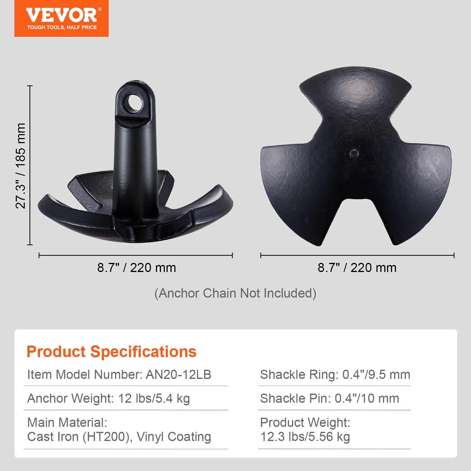 VEVOR river anchor, 12 lbs, cast iron with vinyl coating, dimensions 8.7&quot;x8.7&quot;x27.3&quot;.