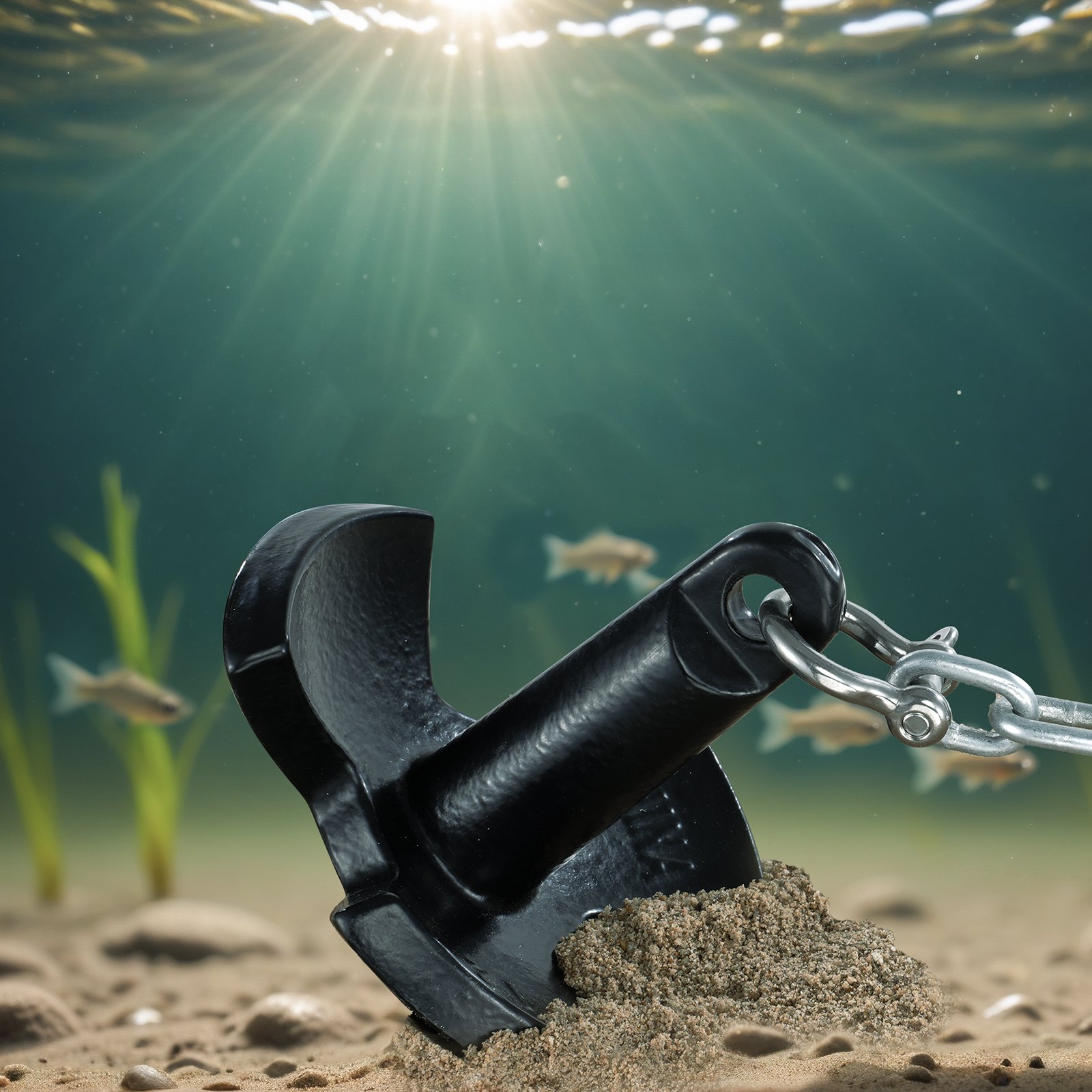 underwater view of VEVOR river anchor buried in sandy seabed, surrounded by fish and aquatic plants.