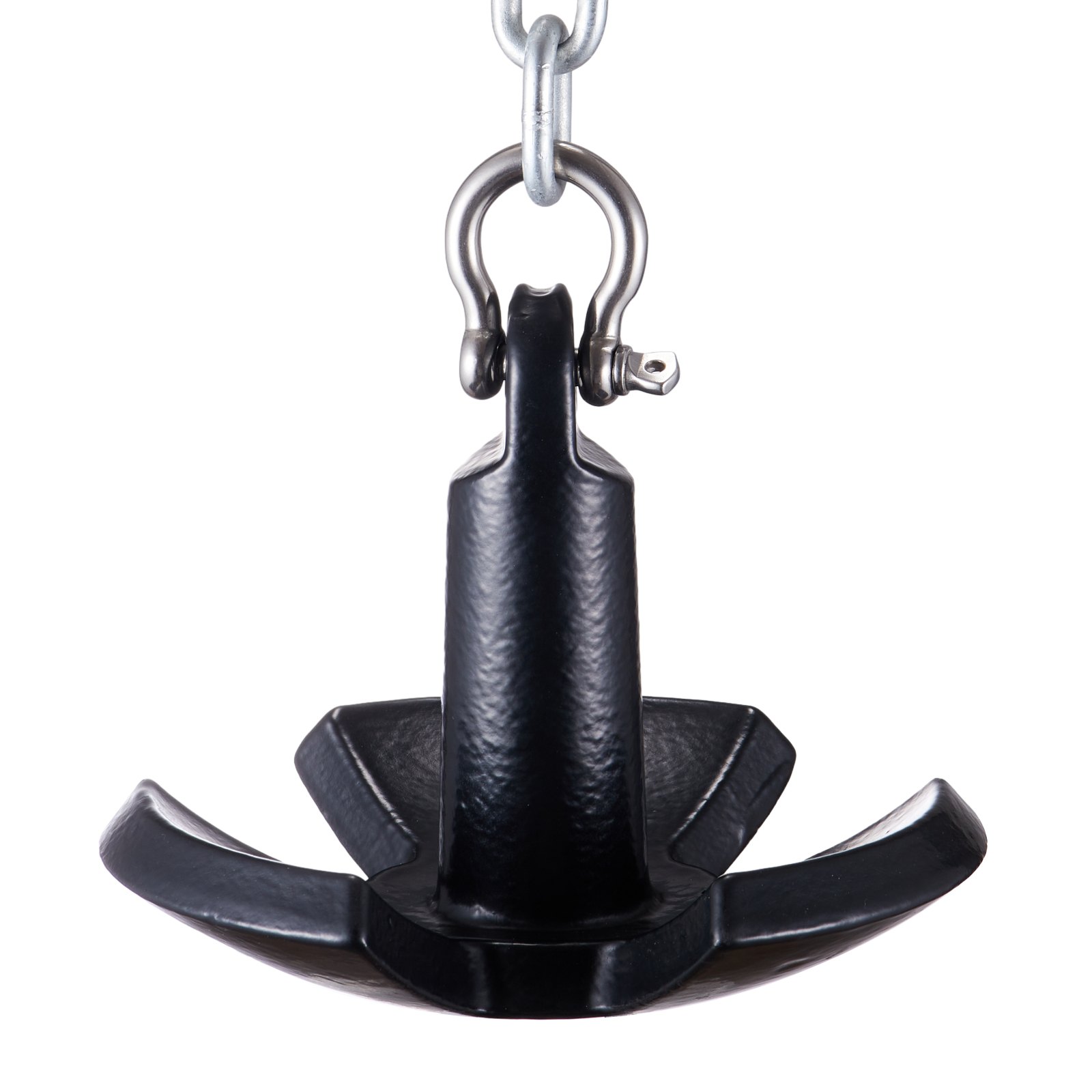 black VEVOR river anchor with silver chain and shackle against a white background.