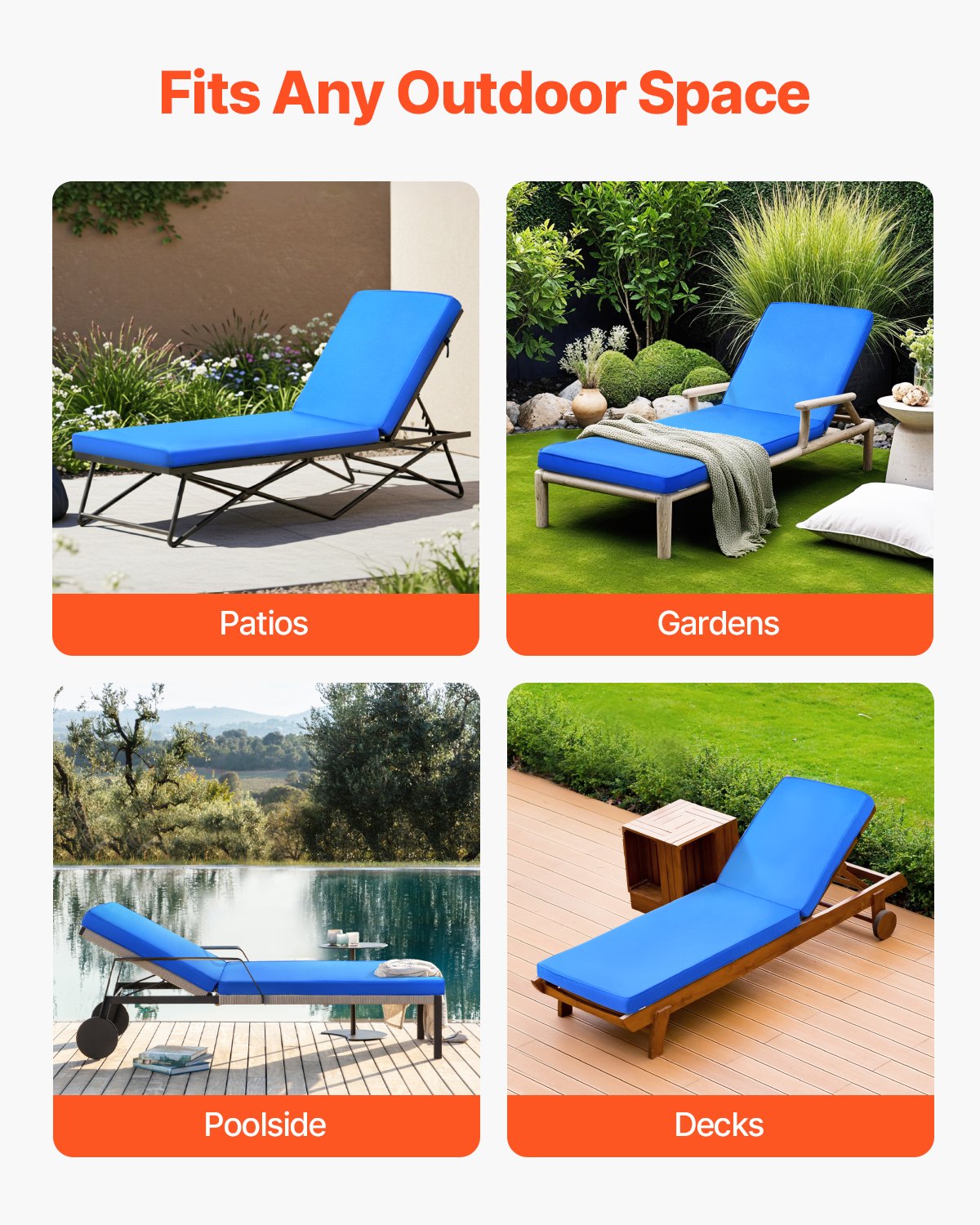 VEVOR Chaise Lounge Cushion, 183 x 53.3 x 7.5 cm , Outdoor Lounge Chair Cushions, Waterproof & Fade-Resistant, Sun Lounger Replacement Cushions with Ties, Patio Lounger Pads for Pool Deck Lawn, Blue