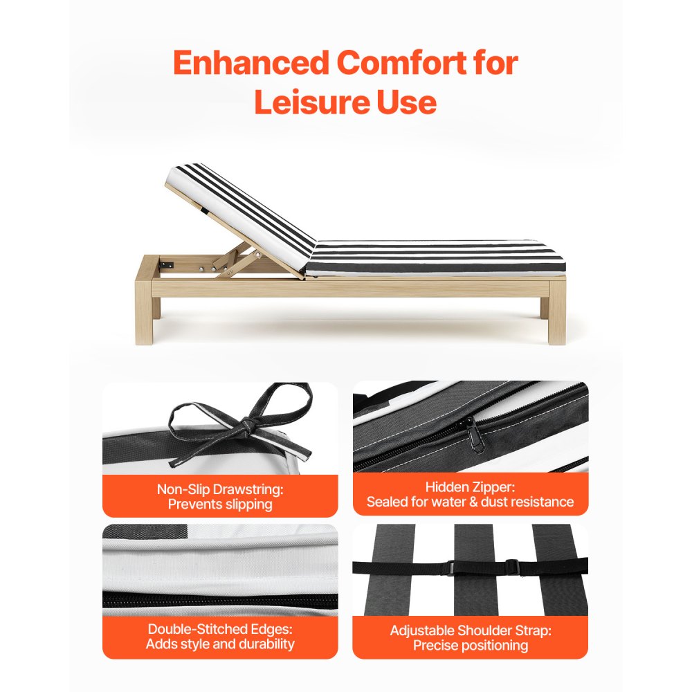 VEVOR Chaise Lounge Cushion, 89x56x71 cm, Set of 2 Outdoor Lounge Chair Cushions, Waterproof & Fade-Resistant Sun Lounger Cushions with Ties, Patio Lounger Pads for Pool Deck, Black & White Stripes
