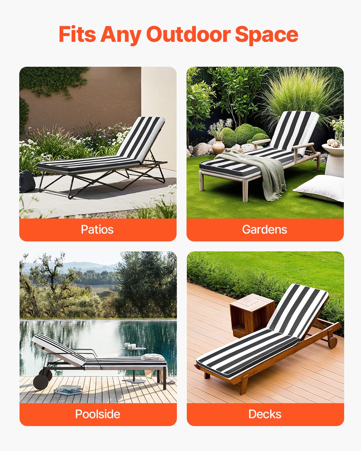 VEVOR Chaise Lounge Cushion, 89x56x71 cm, Set of 2 Outdoor Lounge Chair Cushions, Waterproof & Fade-Resistant Sun Lounger Cushions with Ties, Patio Lounger Pads for Pool Deck, Black & White Stripes