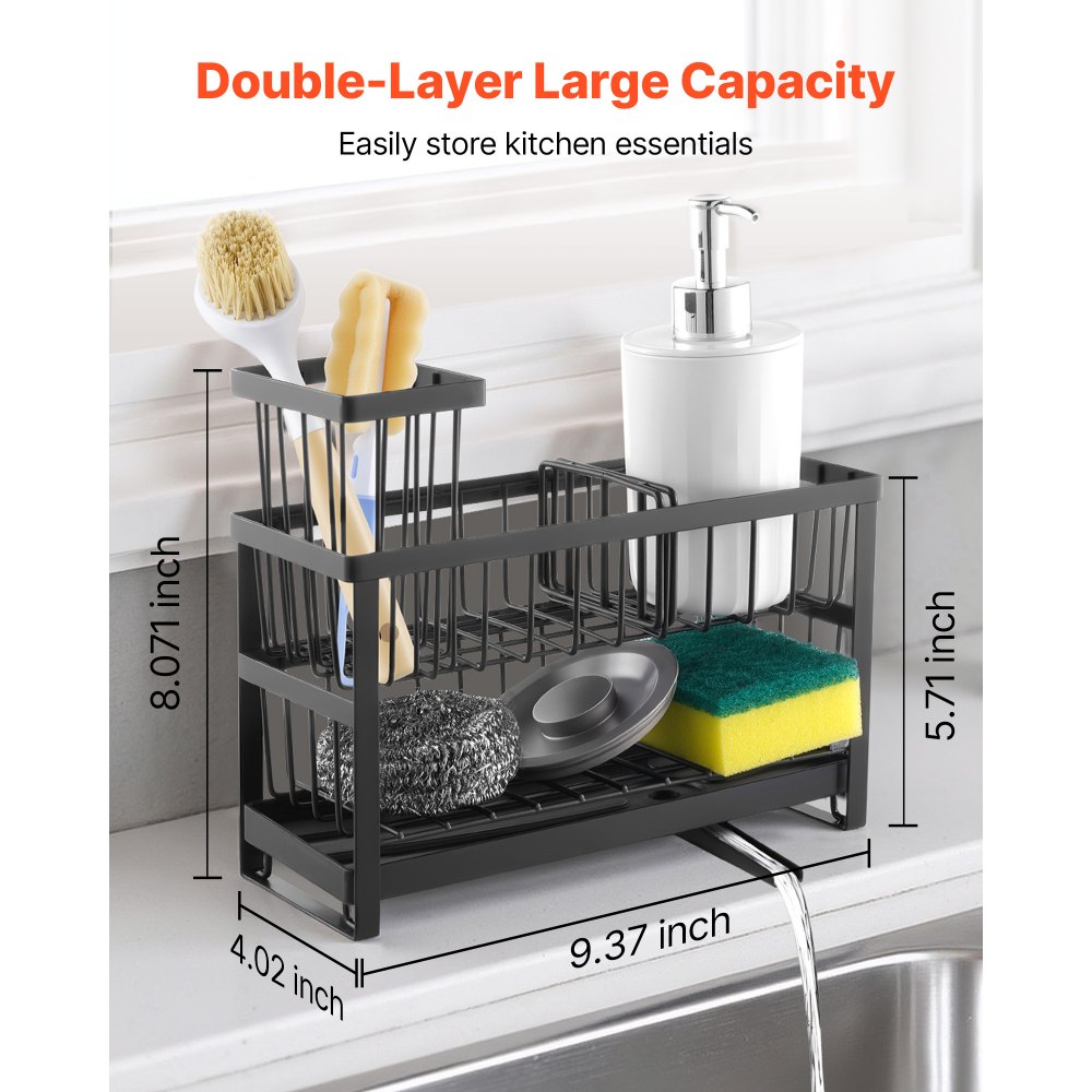 VEVOR Kitchen Sink Caddy Organizer, 2 Tier Sponge Holder for Kitchen Sink with High Brush Holder & Divider, Storage Rack with Rotatable Drainage Spout, Countertop Organizers and Storage Essentials