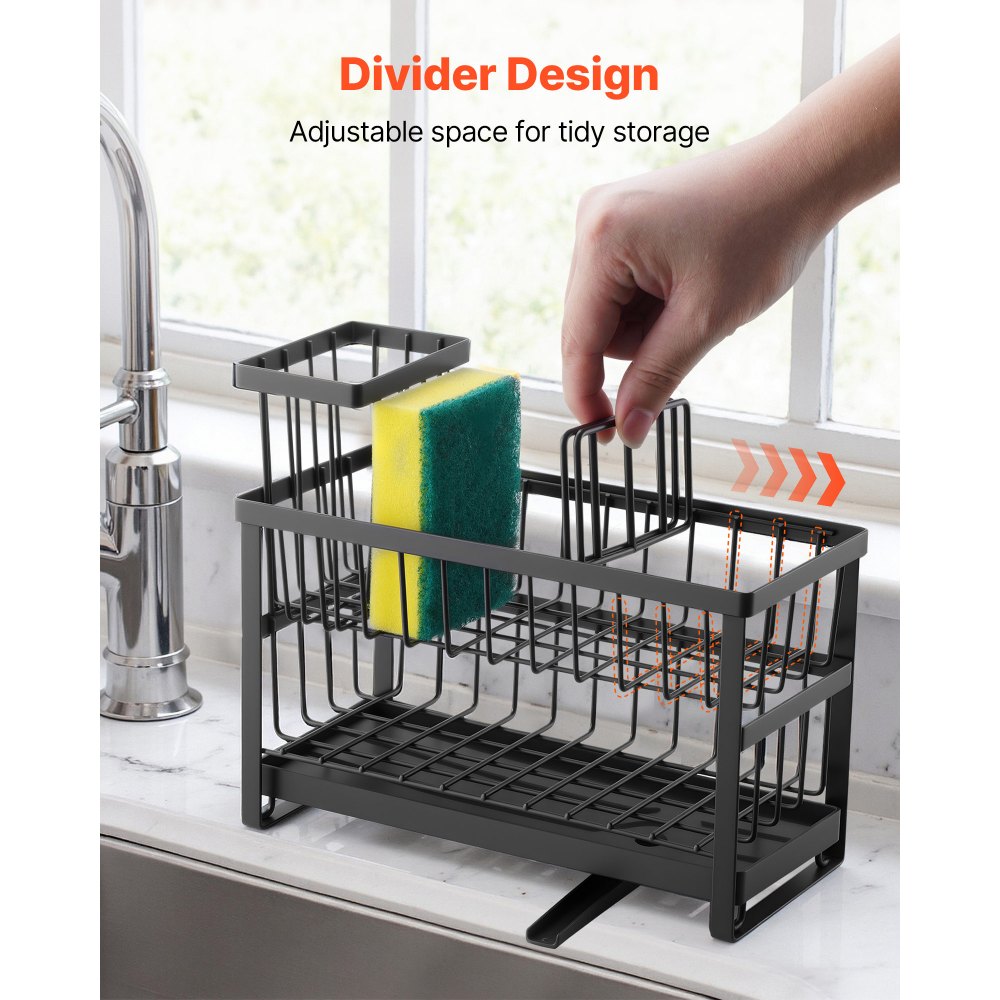 VEVOR Kitchen Sink Caddy Organizer, 2 Tier Sponge Holder for Kitchen Sink with High Brush Holder & Divider, Storage Rack with Rotatable Drainage Spout, Countertop Organizers and Storage Essentials