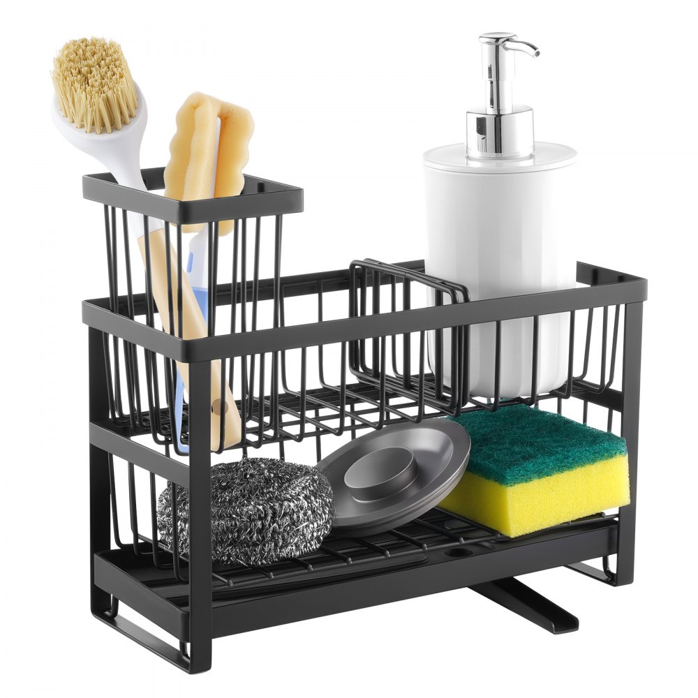 VEVOR Kitchen Sink Caddy Organizer, 2 Tier Sponge Holder for Kitchen Sink with High Brush Holder & Divider, Storage Rack with Rotatable Drainage Spout, Countertop Organizers and Storage Essentials