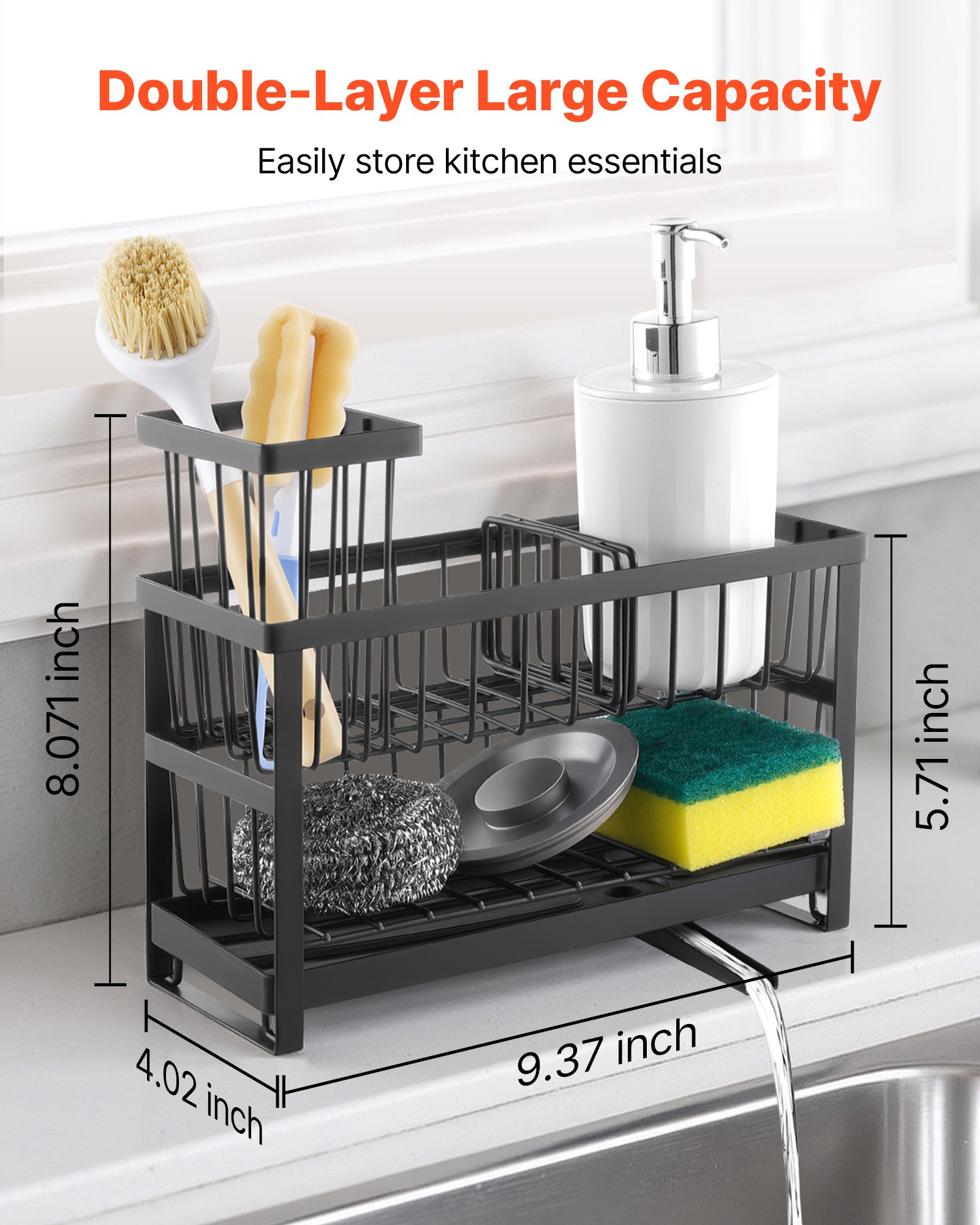 VEVOR Kitchen Sink Caddy Organizer, 2 Tier Sponge Holder for Kitchen Sink with High Brush Holder & Divider, Storage Rack with Rotatable Drainage Spout, Countertop Organizers and Storage Essentials