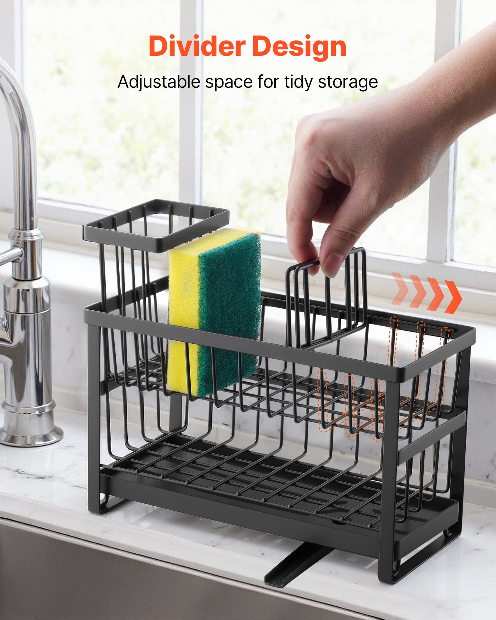 VEVOR Kitchen Sink Caddy Organizer, 2 Tier Sponge Holder for Kitchen Sink with High Brush Holder & Divider, Storage Rack with Rotatable Drainage Spout, Countertop Organizers and Storage Essentials