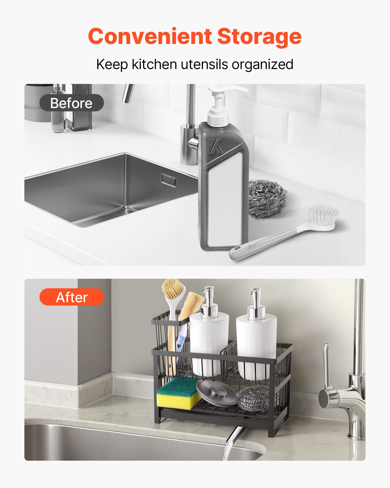 VEVOR Kitchen Sink Caddy Organizer, 2 Tier Sponge Holder for Kitchen Sink with High Brush Holder & Divider, Storage Rack with Rotatable Drainage Spout, Countertop Organizers and Storage Essentials