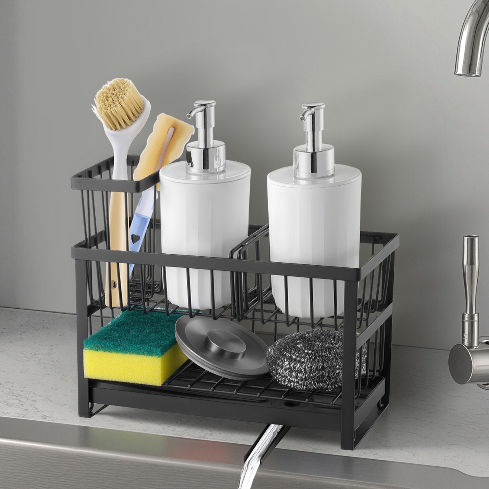 VEVOR Kitchen Sink Caddy Organizer, 2 Tier Sponge Holder for Kitchen Sink with High Brush Holder & Divider, Storage Rack with Rotatable Drainage Spout, Countertop Organizers and Storage Essentials