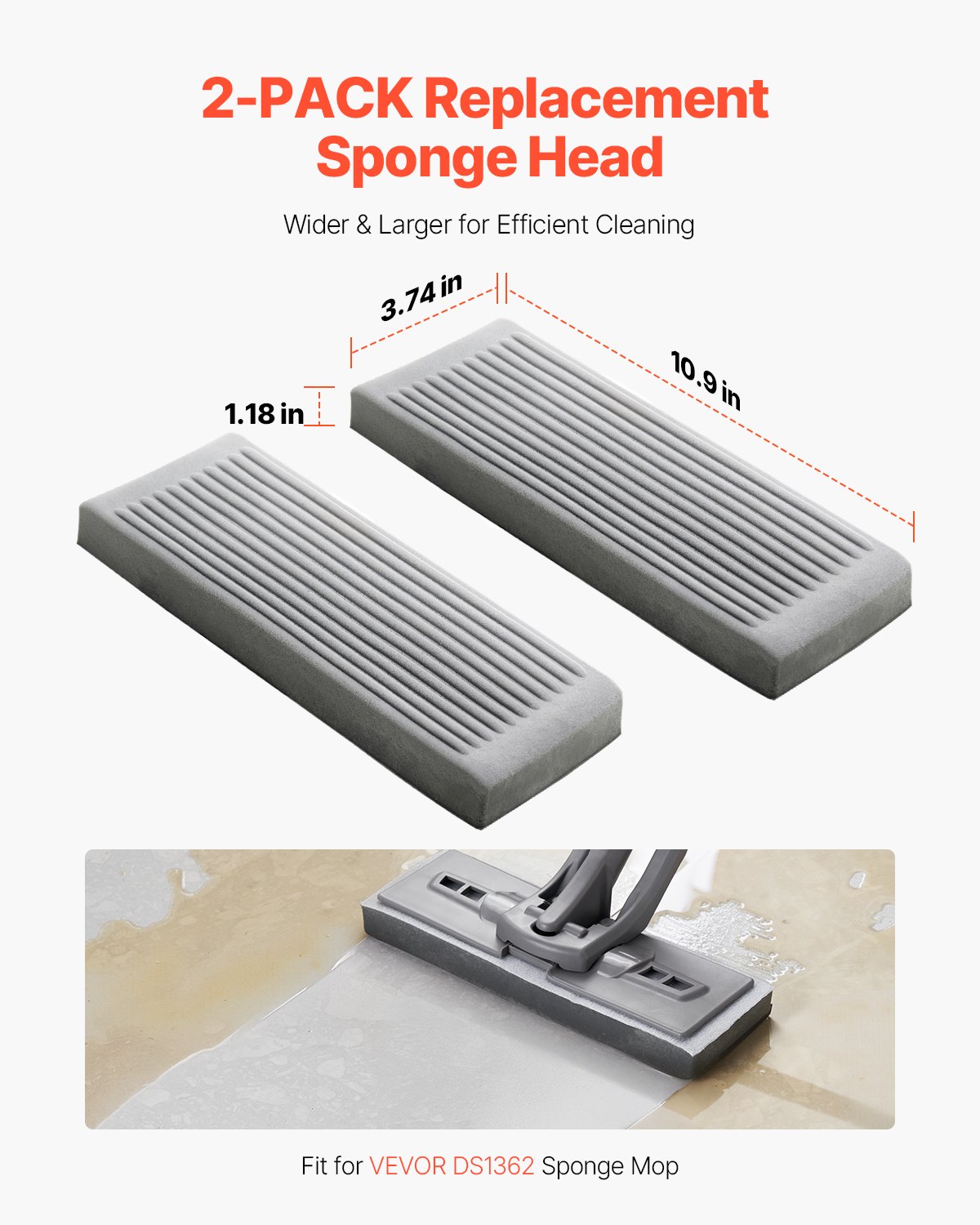VEVOR Sponge Mop Replacement, 2-Piece, High Density Wider PU Sponge Mop Head Replacement with Hook & Loop, High Absorbency Head Replacement for VEVOR DS1362 Sponge Mop, Fit for Various Floors