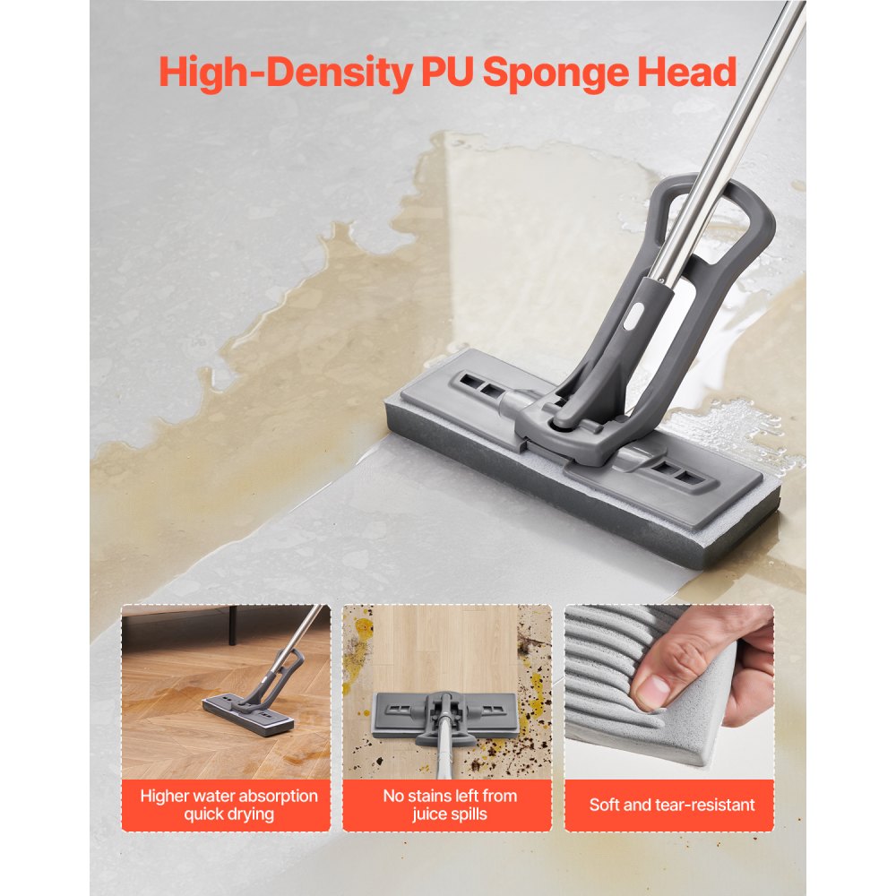 VEVOR Sponge Mop, High-Density PU Sponge Mop with 1 Pcs Sponge Mop Replacement , Easy to Squeeze Sponge Mop with Hook & Loop for Head Change, Fit for Various Floors’ Cleaning