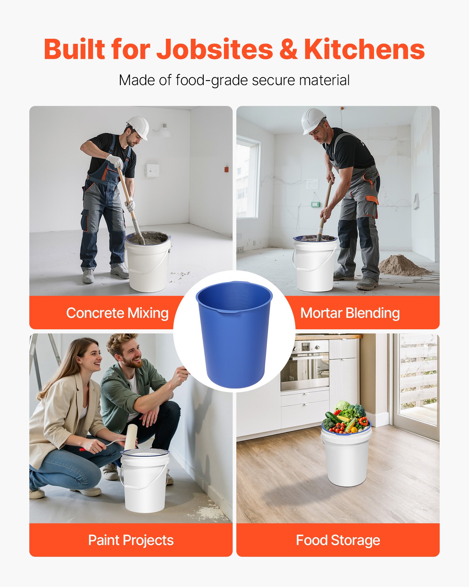 VEVOR 18.9L Bucket Liner for Concrete Mix, Reusable Silicone Mortar Bucket Liner for Thinset Paint Concrete Epoxy Mixing, Heavy-duty Grout Mixer Insert Tool with Graduated Measurements, Blue
