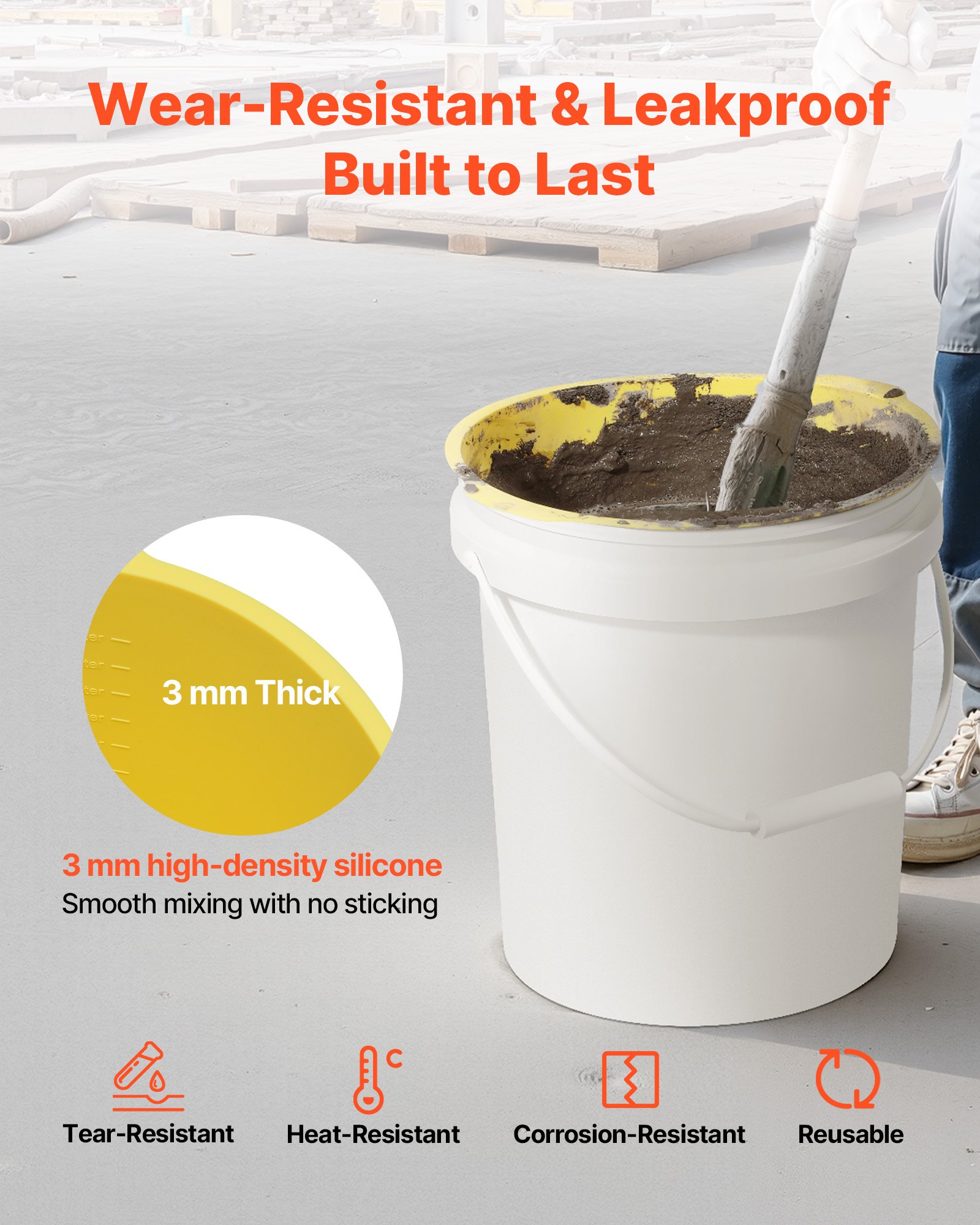 VEVOR 2 Pcs 18.9L Bucket Liner for Concrete Mix, Reusable Silicone Mortar Bucket Liner for Thinset Paint Concrete Epoxy Mixing, Heavy-duty Grout Mixer Insert with Measurements, Blue & Yellow