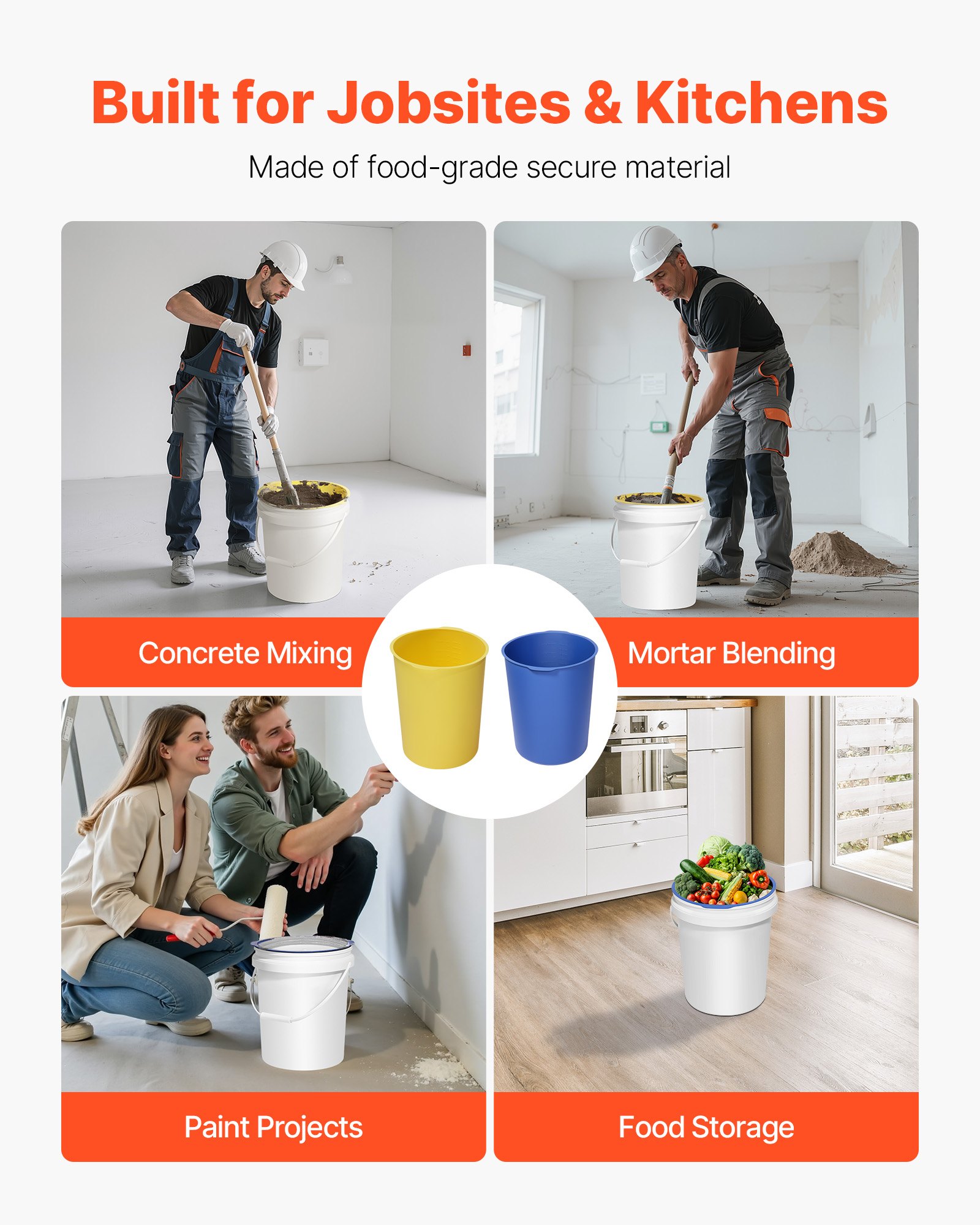 VEVOR 2 Pcs 18.9L Bucket Liner for Concrete Mix, Reusable Silicone Mortar Bucket Liner for Thinset Paint Concrete Epoxy Mixing, Heavy-duty Grout Mixer Insert with Measurements, Blue & Yellow