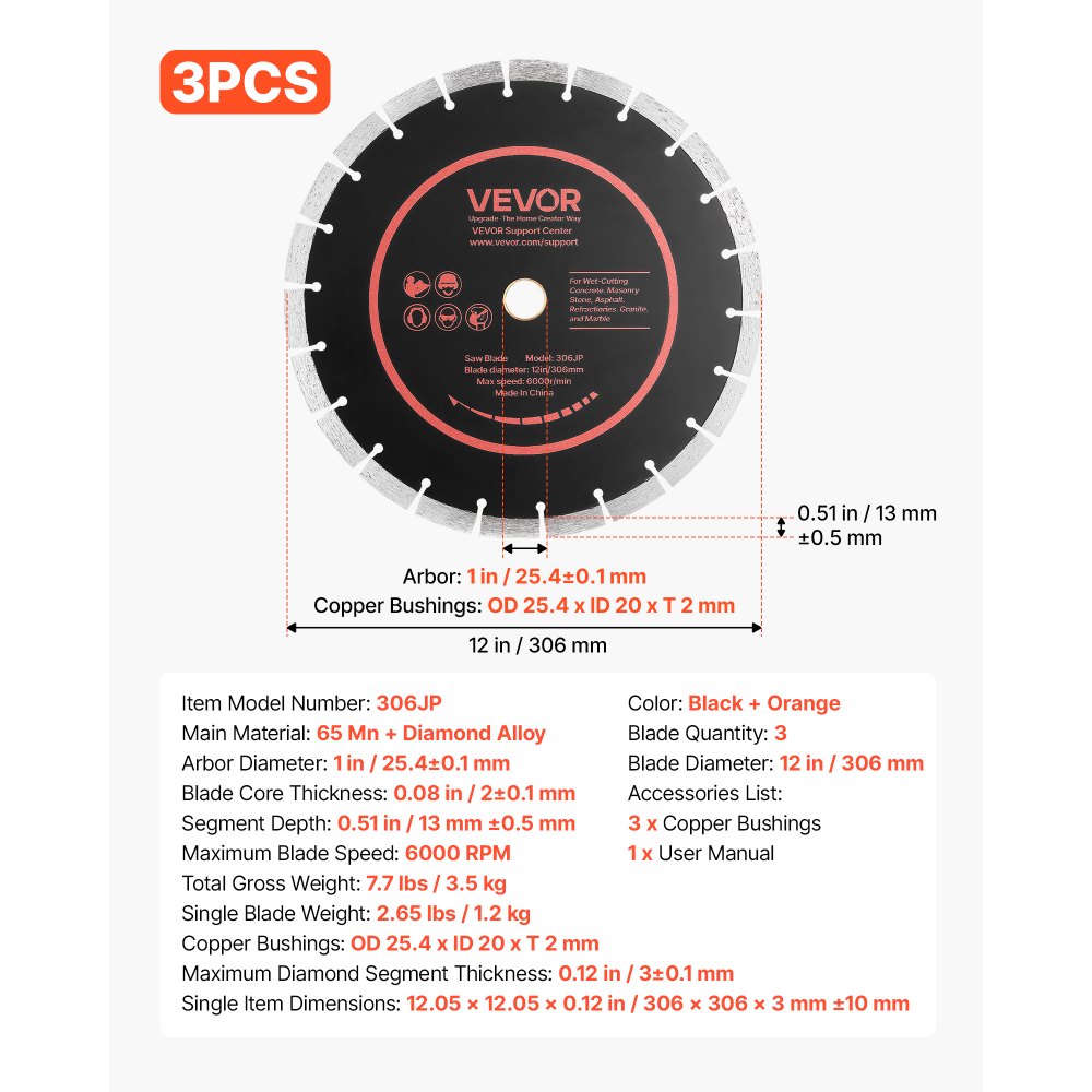 VEVOR Diamond Blades 12 inch, 3-Pack Concrete Saw Blade Set, 1 in Arbor, High-Hardness Diamond Segments, 65Mn Steel Core, Dry Wet Cutting, Clean Edges for Concrete, Masonry, Brick, Stone, Granite