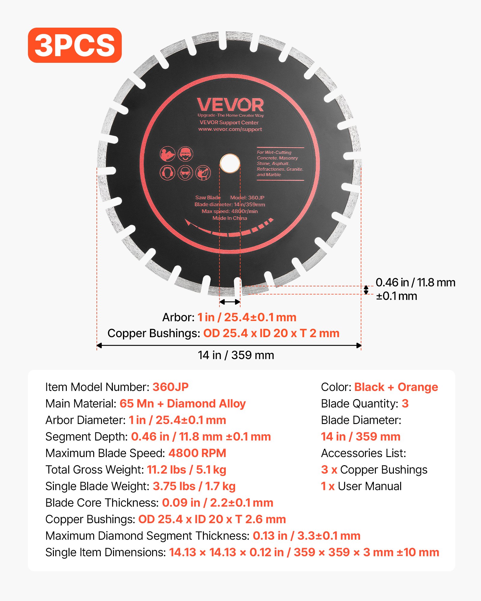 VEVOR Diamond Blades 14 inch, 3-Pack Concrete Saw Blade Set, 1 in Arbor, High-Hardness Diamond Segments, 65Mn Steel Core, Dry Wet Cutting, Clean Edges for Concrete, Masonry, Brick, Stone, Granite