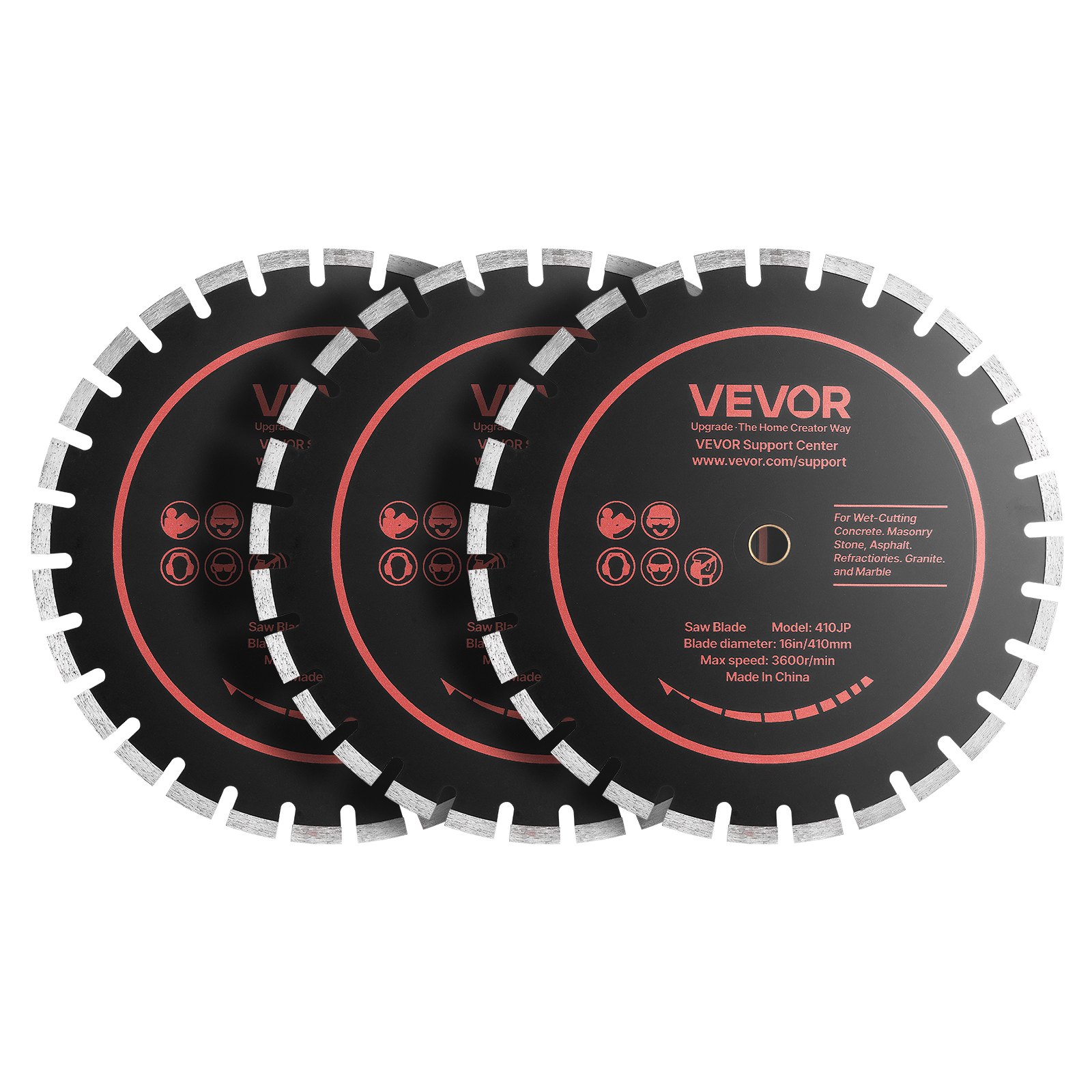 VEVOR Diamond Blades 16 inch, 3-Pack Concrete Saw Blade Set, 1 in Arbor, High-Hardness Diamond Segments, 65Mn Steel Core, Dry Wet Cutting, Clean Edges for Concrete, Masonry, Brick, Stone, Granite