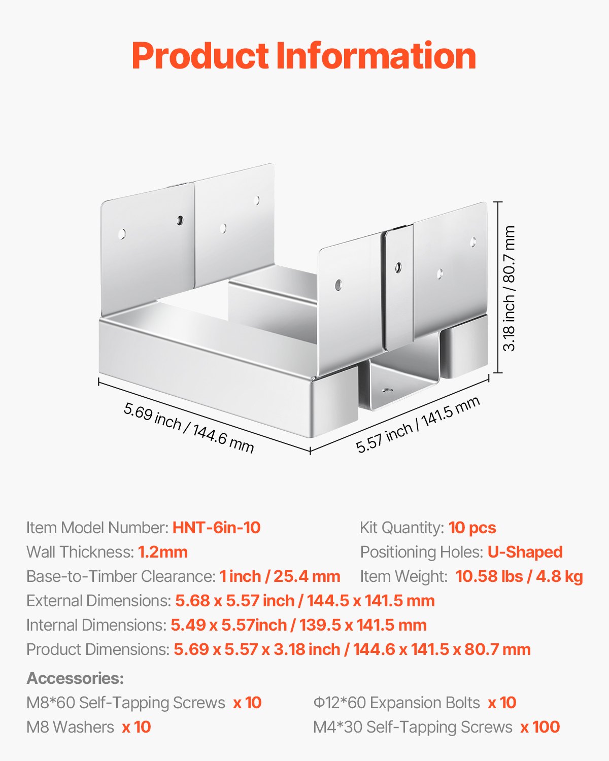 VEVOR 6x6 Post Base 10 Pcs, Inner Size 5.49x5.57inch/139.5x141.5mm Concrete Post Anchor, Heavy-Duty Zinc-Plated Carbon Steel Posts Brackets with 1 Inch Standoff Elevation, for Concrete Pergolas Patio