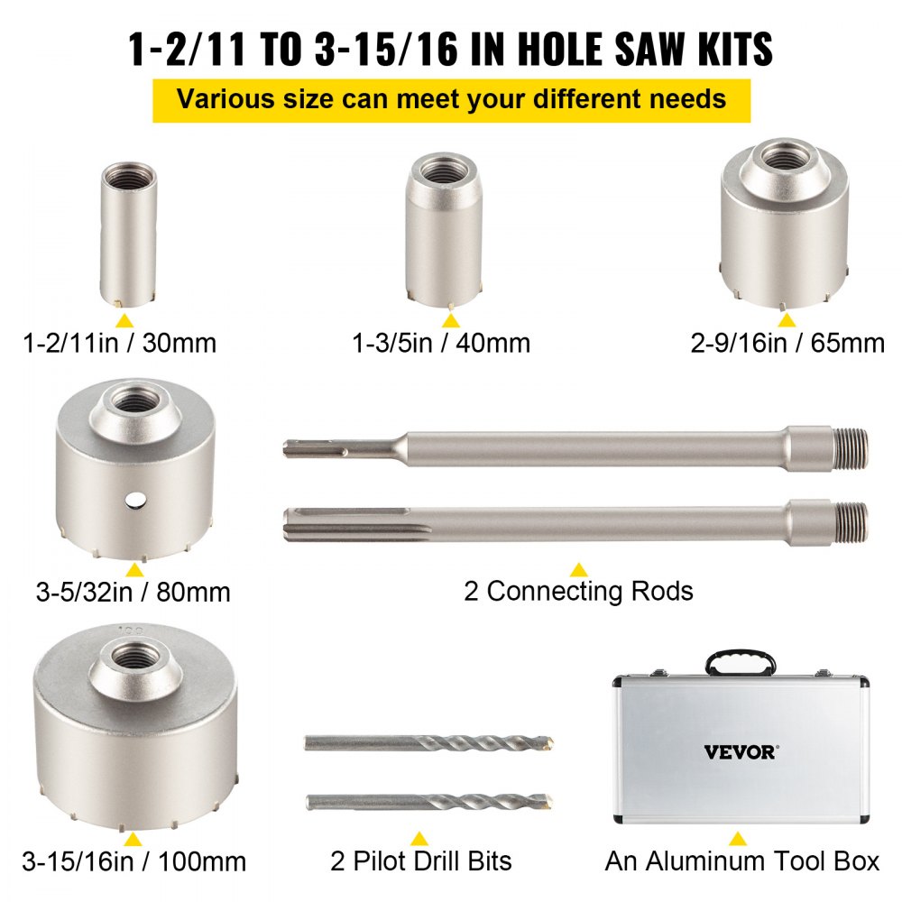 VEVOR Concrete Hole Saw Kit, 1-2/11\", 1-3/5\", 2-9/16\", 3-5/32\", 3-15/16\" Drill Bit Set SDS Plus & SDS MAX Shank Wall Hole Cutter with a 4-1/3\" Connecting Rod for Concrete, Cement, Stone Wall, Ma