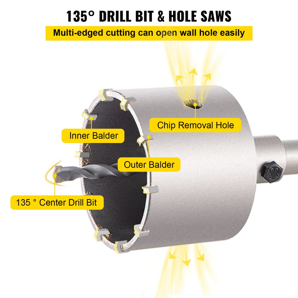 VEVOR Concrete Hole Saw Kit, 1-2/11\", 1-3/5\", 2-9/16\", 3-5/32\", 3-15/16\" Drill Bit Set SDS Plus & SDS MAX Shank Wall Hole Cutter with a 4-1/3\" Connecting Rod for Concrete, Cement, Stone Wall, Ma