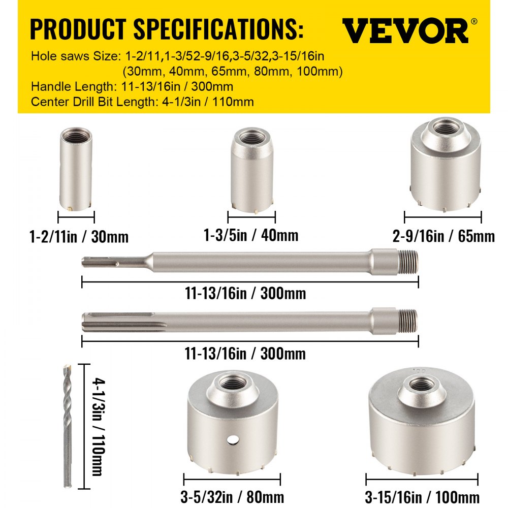 VEVOR Concrete Hole Saw Kit, 1-2/11\", 1-3/5\", 2-9/16\", 3-5/32\", 3-15/16\" Drill Bit Set SDS Plus & SDS MAX Shank Wall Hole Cutter with a 4-1/3\" Connecting Rod for Concrete, Cement, Stone Wall, Ma