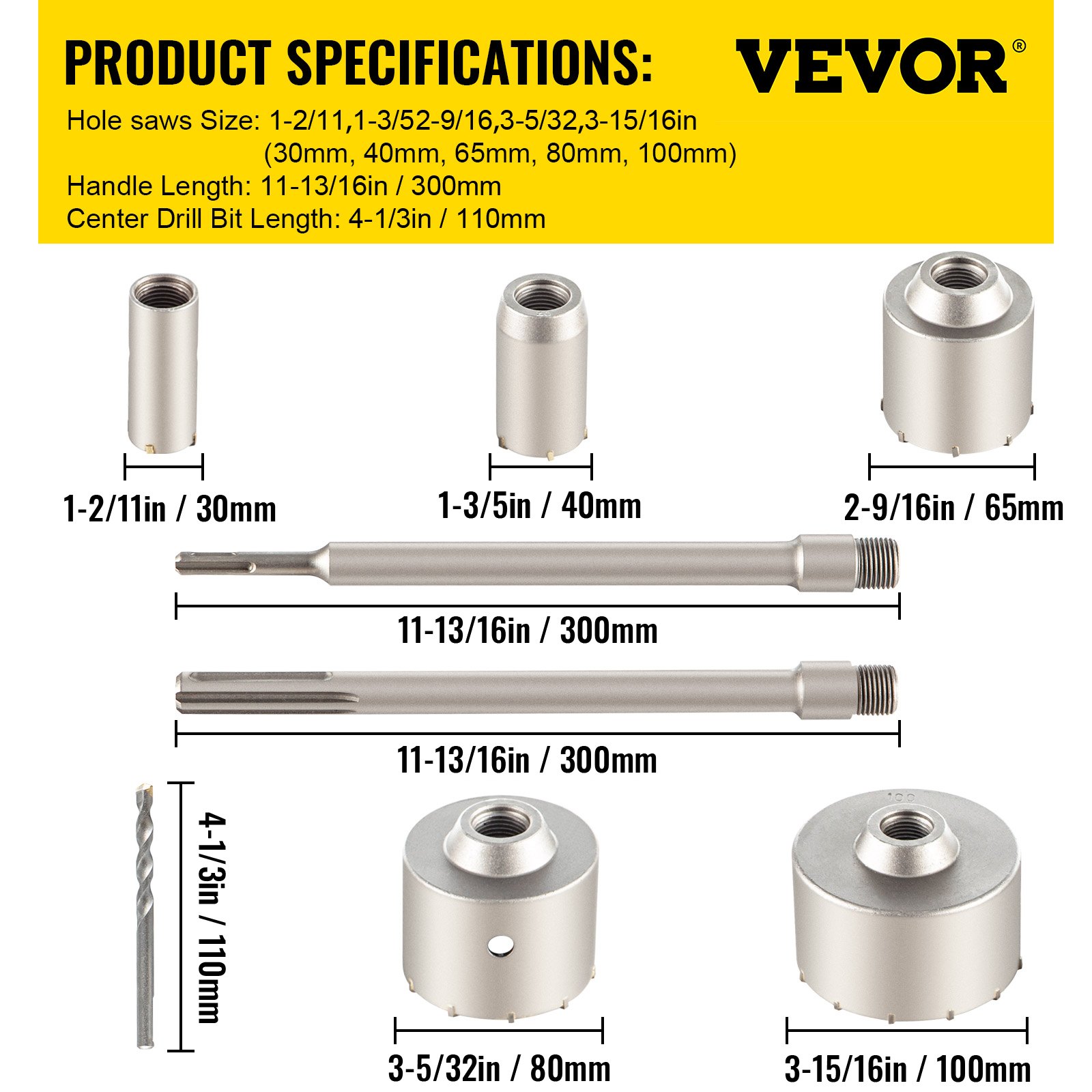 VEVOR Concrete Hole Saw Kit, 1-2/11\", 1-3/5\", 2-9/16\", 3-5/32\", 3-15/16\" Drill Bit Set SDS Plus & SDS MAX Shank Wall Hole Cutter with a 4-1/3\" Connecting Rod for Concrete, Cement, Stone Wall, Ma