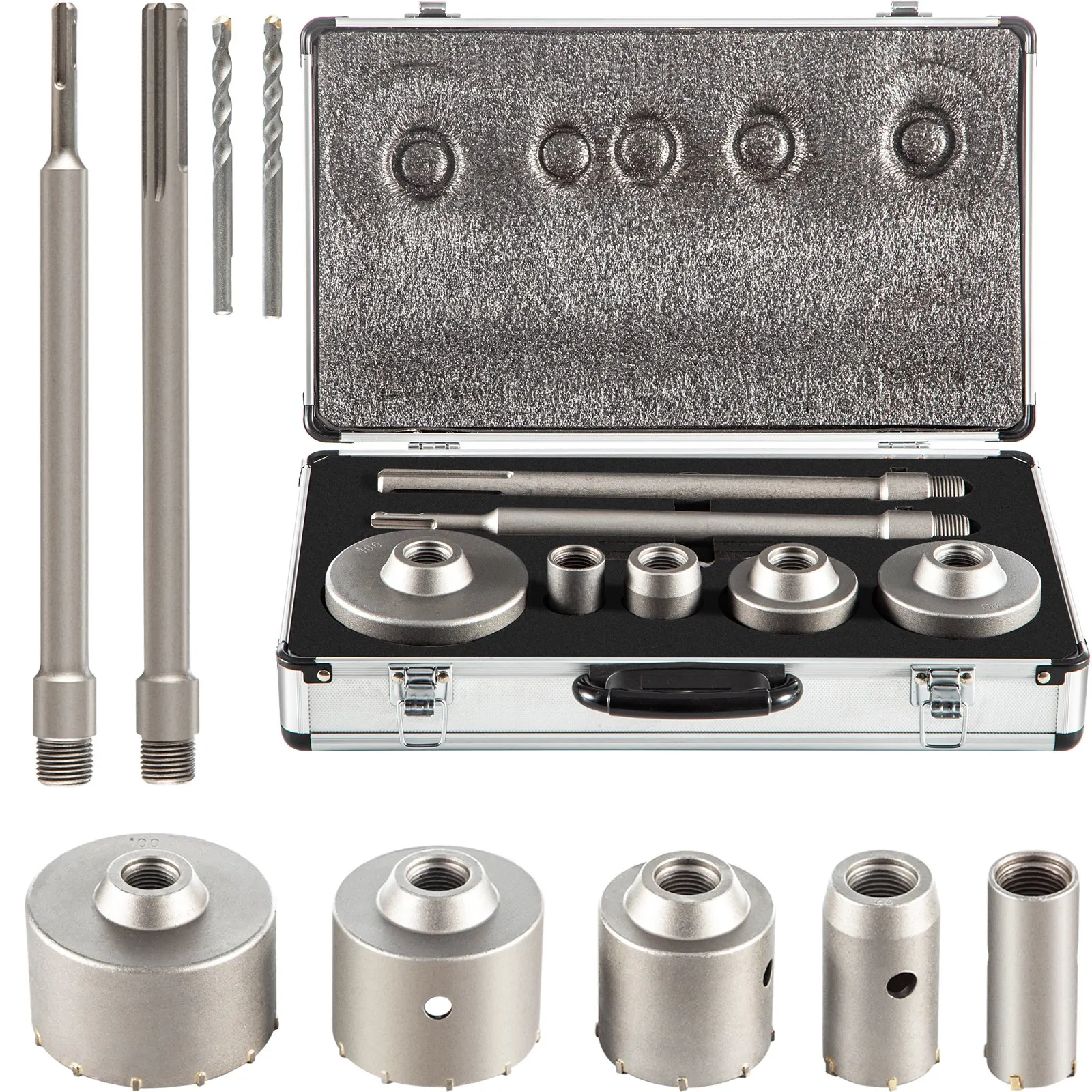VEVOR Concrete Hole Saw Kit, 1-2/11\", 1-3/5\", 2-9/16\", 3-5/32\", 3-15/16\" Drill Bit Set SDS Plus & SDS MAX Shank Wall Hole Cutter with a 4-1/3\" Connecting Rod for Concrete, Cement, Stone Wall, Ma