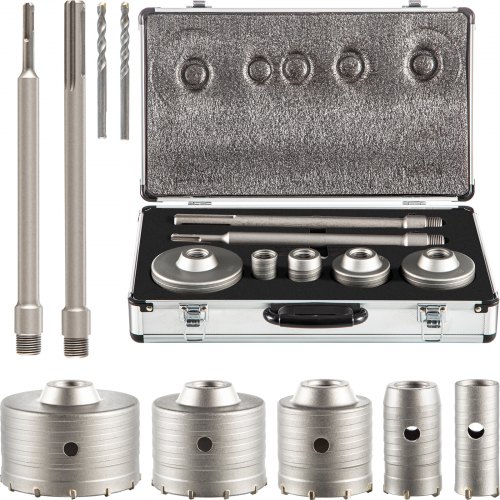 VEVOR Concrete Hole Saw Kit, 1-2/11\", 1-3/5\", 2-9/16\", 3-5/32\", 3-15/16\" Drill Bit Set SDS Plus & SDS MAX Shank Wall Hole Cutter with a 4-1/3\" Connecting Rod for Concrete, Cement, Stone Wall, Ma