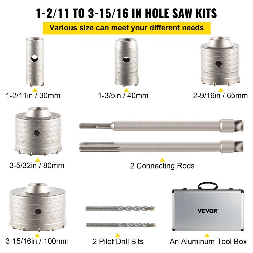 VEVOR Concrete Hole Saw Kit, 1-2/11\", 1-3/5\", 2-9/16\", 3-5/32\", 3-15/16\" Drill Bit Set SDS Plus & SDS MAX Shank Wall Hole Cutter with a 4-1/3\" Connecting Rod for Concrete, Cement, Stone Wall, Ma