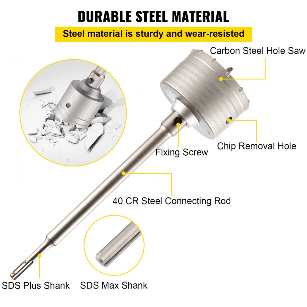VEVOR Concrete Hole Saw Kit, 1-2/11\", 1-3/5\", 2-9/16\", 3-5/32\", 3-15/16\" Drill Bit Set SDS Plus & SDS MAX Shank Wall Hole Cutter with a 4-1/3\" Connecting Rod for Concrete, Cement, Stone Wall, Ma