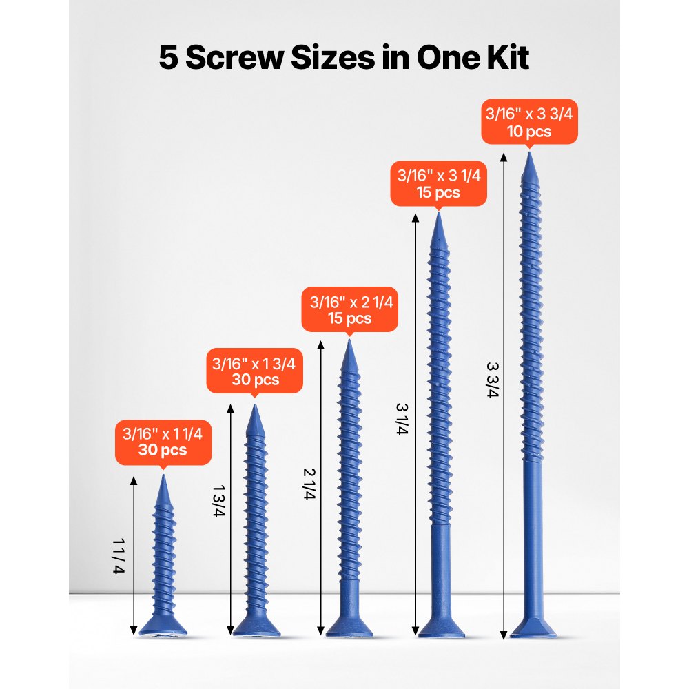 VEVOR Concrete Screws, 3/16 inch, 100 PCS 5 Different Lengths, Phillips Head, Masonry Screws with Drill Bits, Carbon Steel with Blue Coating, for Anchoring to Concrete, Masonry, Block, Brick and Wood