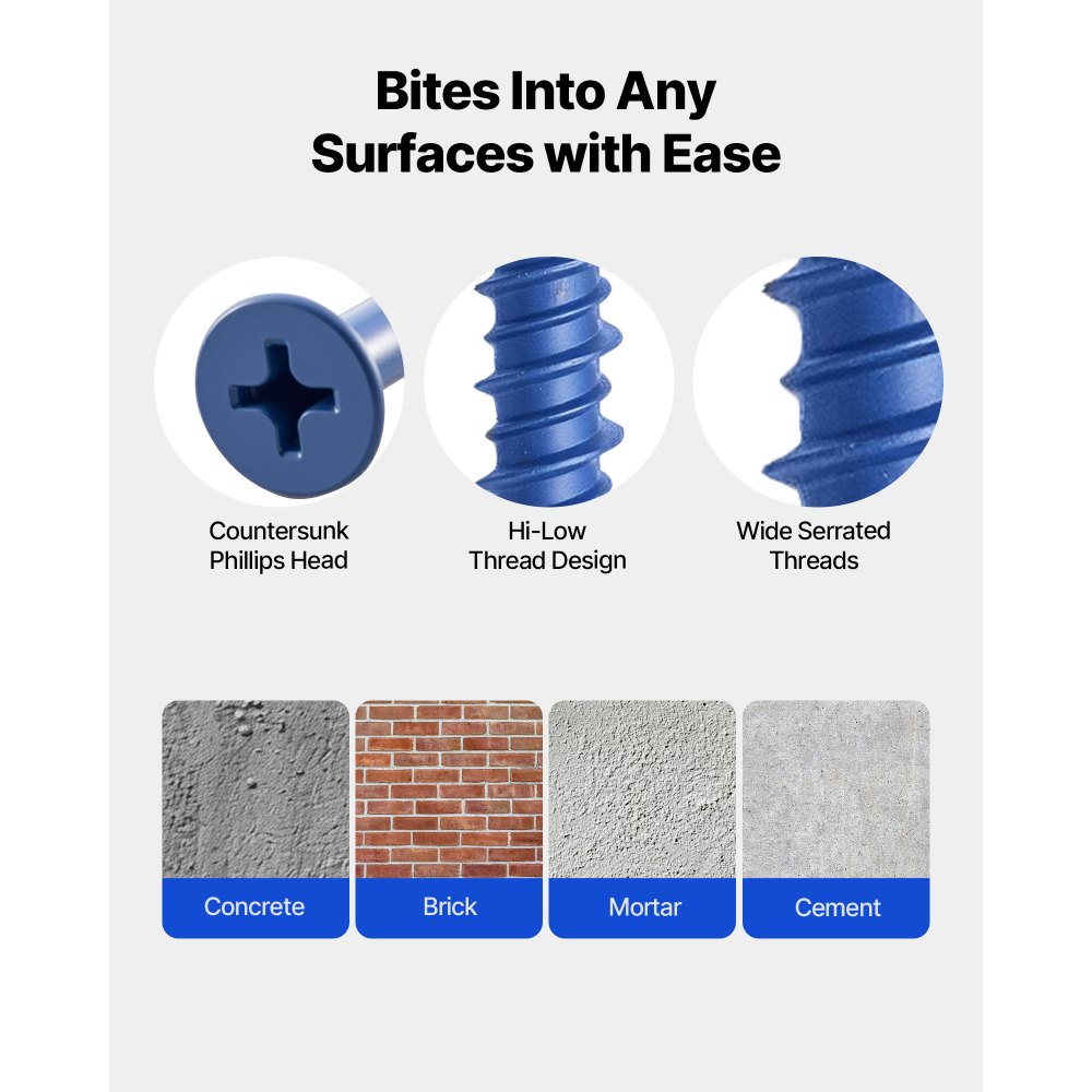 VEVOR Concrete Screws, 3/16 inch, 100 PCS 5 Different Lengths, Phillips Head, Masonry Screws with Drill Bits, Carbon Steel with Blue Coating, for Anchoring to Concrete, Masonry, Block, Brick and Wood