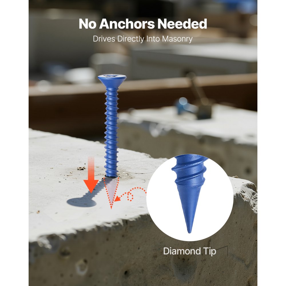 VEVOR Concrete Screws, 3/16 inch, 100 PCS 5 Different Lengths, Phillips Head, Masonry Screws with Drill Bits, Carbon Steel with Blue Coating, for Anchoring to Concrete, Masonry, Block, Brick and Wood