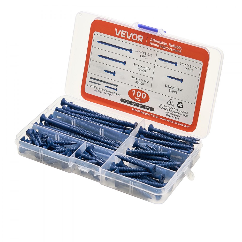 VEVOR Concrete Screws, 3/16 inch, 100 PCS 5 Different Lengths, Phillips Head, Masonry Screws with Drill Bits, Carbon Steel with Blue Coating, for Anchoring to Concrete, Masonry, Block, Brick and Wood