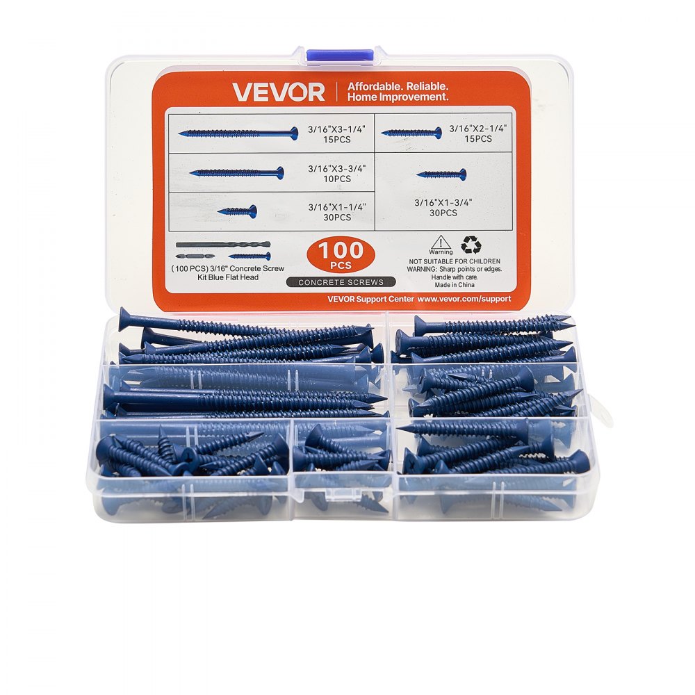 VEVOR Concrete Screws, 3/16 inch, 100 PCS 5 Different Lengths, Phillips Head, Masonry Screws with Drill Bits, Carbon Steel with Blue Coating, for Anchoring to Concrete, Masonry, Block, Brick and Wood