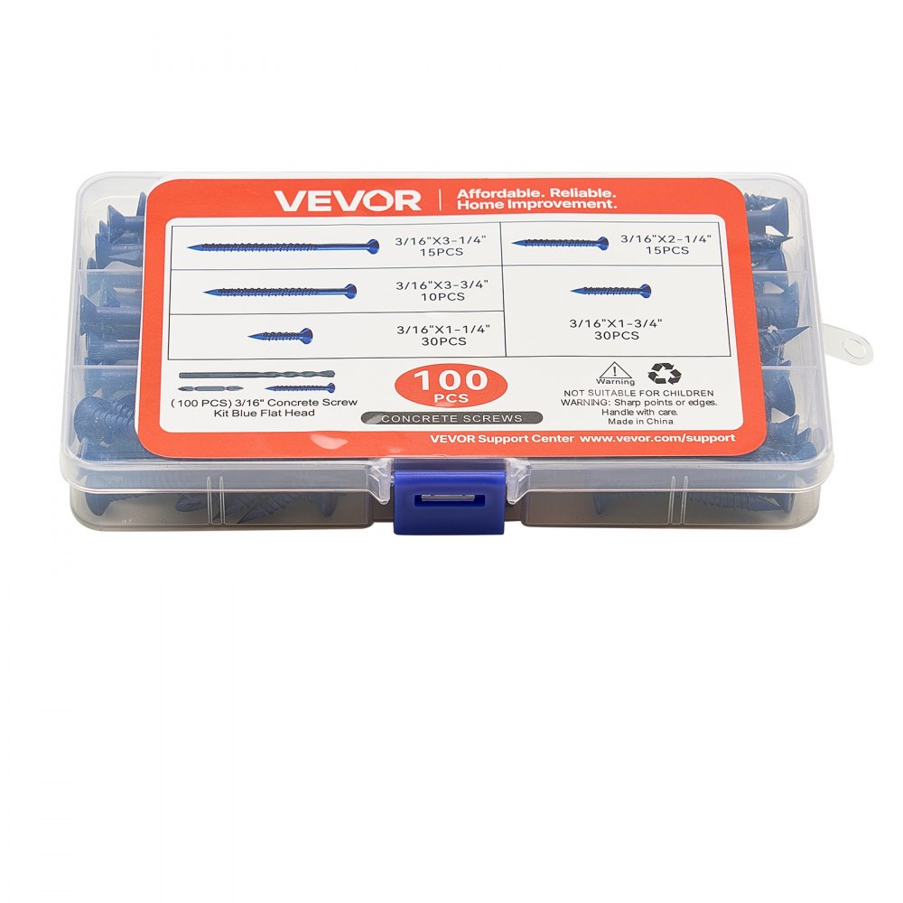 VEVOR Concrete Screws, 3/16 inch, 100 PCS 5 Different Lengths, Phillips Head, Masonry Screws with Drill Bits, Carbon Steel with Blue Coating, for Anchoring to Concrete, Masonry, Block, Brick and Wood