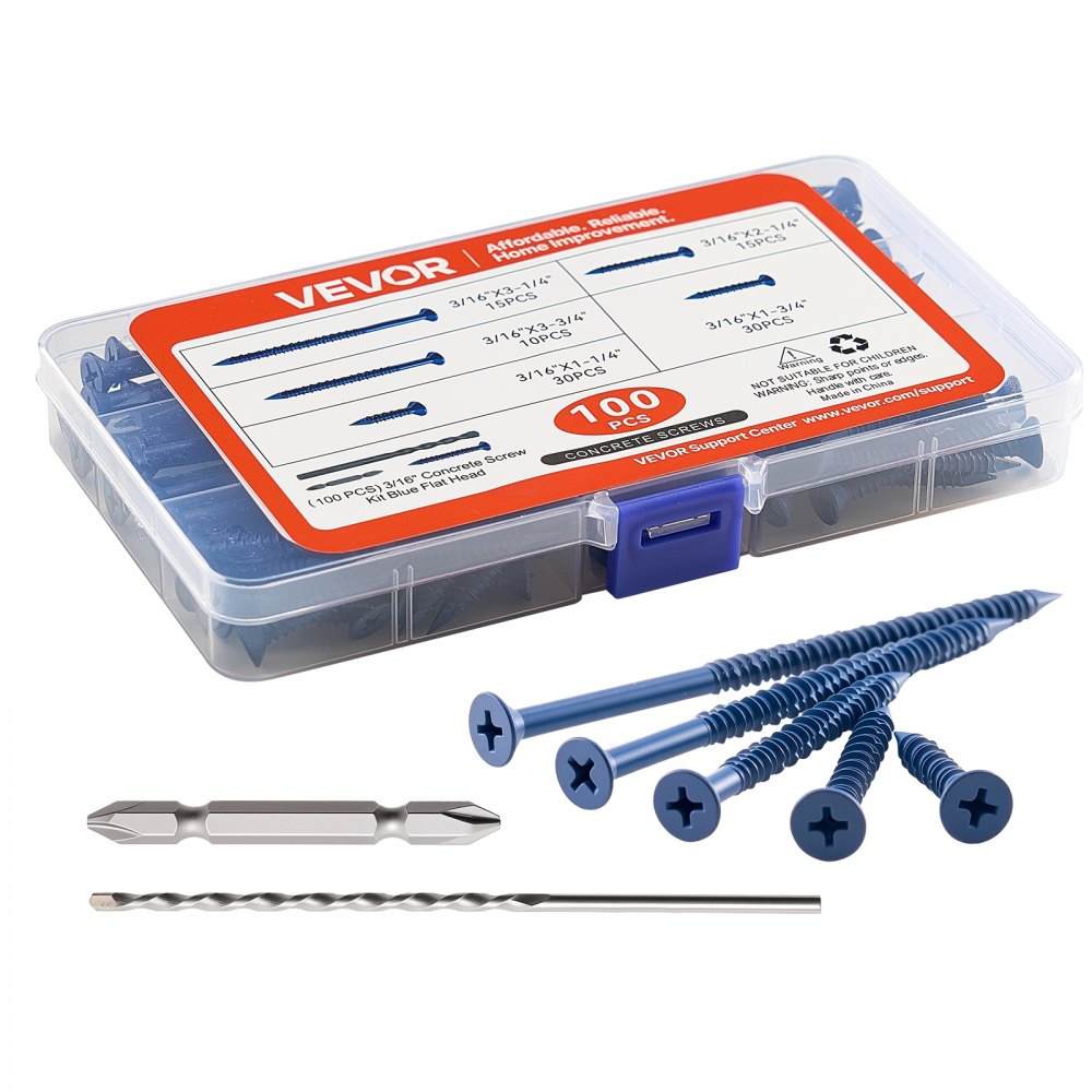 VEVOR Concrete Screws, 3/16 inch, 100 PCS 5 Different Lengths, Phillips Head, Masonry Screws with Drill Bits, Carbon Steel with Blue Coating, for Anchoring to Concrete, Masonry, Block, Brick and Wood