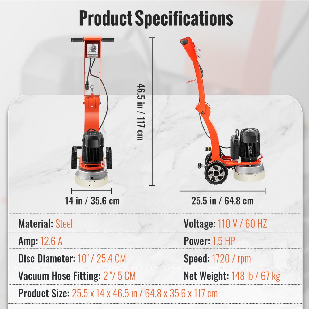 VEVOR Electric Concrete Floor Grinder 10" Walk-Behind Grinder 1.5HP Concrete Floor Polisher, 34"-46" Adjustable Grinding Machine, 1720RPM 1Phase Surfacing Grinder for Granite/Marble/Concrete/Stones